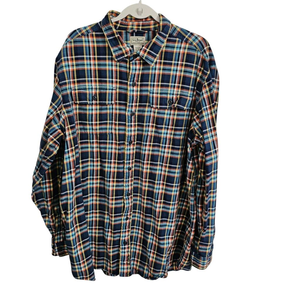 LL Bean Shirt Mens XL TALL Longssleeve Plaid Flannel Blue Button-Up Outdoor XLT